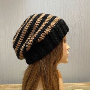 Hand Crafted Black & Tan Striped Slouchy Knit / Crochet Beanie Hat